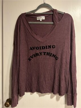 Wildfox Plum V-Neck Pullover with "Avoiding Everything" Graphic